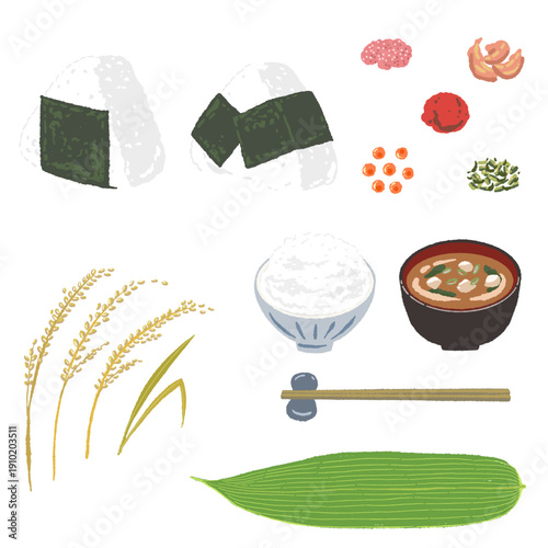 Japanese Breakfast Set with Rice Soup Tea and Onigiri