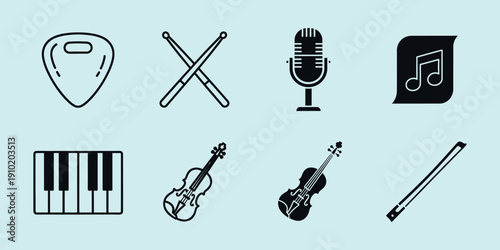Black and white musical instruments on light blue background guitar pick drumsticks microphone