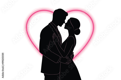 Couple Embracing in Romantic Silhouette with Pink Heart Glow for Valentines Day