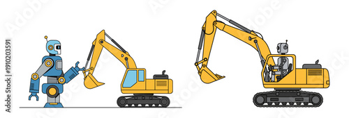 A blue robot interacts with a yellow excavator, showcasing automation and heavy machinery in a clean, illustrative style.