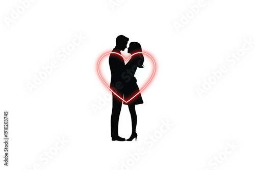 Couple Embracing in Romantic Silhouette with Pink Heart Outline in Minimalist Art for Valentines Day