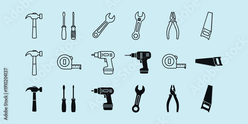 Black and white tools on light blue background hammer screwdrivers