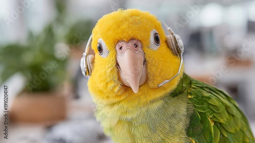 A bright yellow and green parrot wearing a professional communication headset with a microphone, looking directly at the camera in a blurred office setting.
