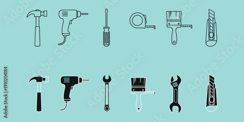 Black and white tools on teal background hardware hammer drill screwdriver