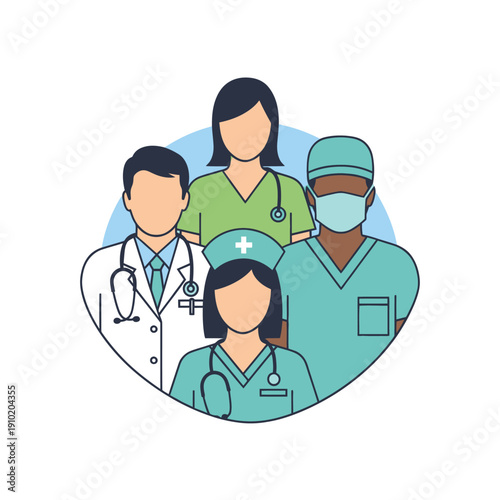 Diverse medical team professionals group in flat design illustration