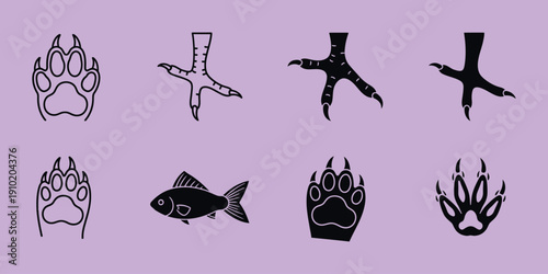 Black animal paw and bird foot silhouettes on purple animal tracks paw prints bird feet fish
