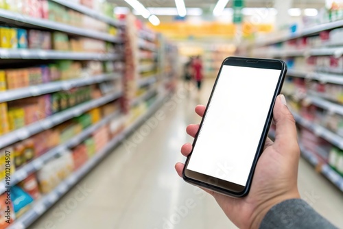 A person is holding a cell phone in a store aisle