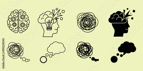 Black line and silhouette of human heads with thought bubbles and cogs brain gears