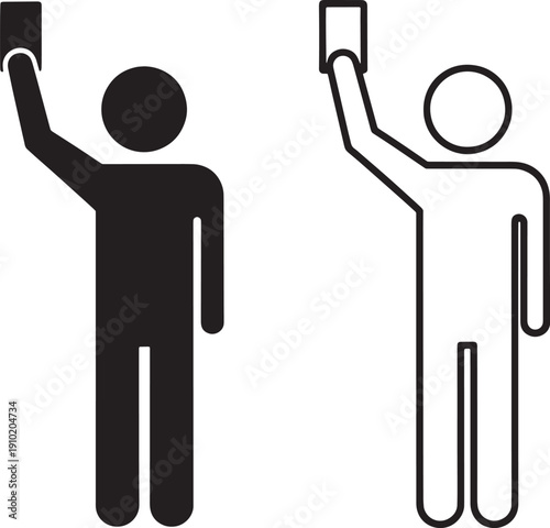 Stick figures holding up smartphones in black and white line art