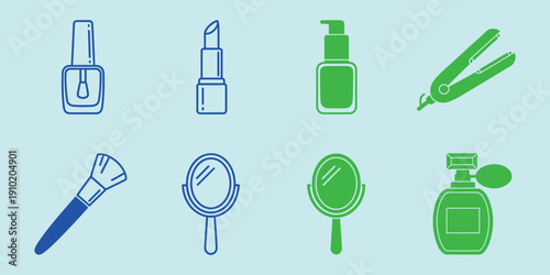 Blue and green makeup and beauty product on light blue background beauty products nail polish