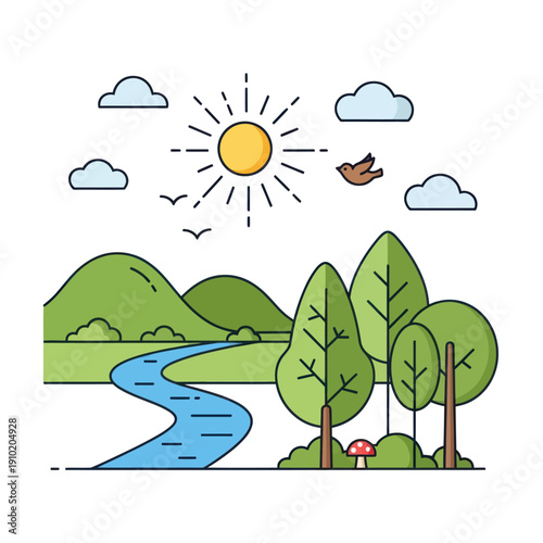Flat design nature landscape with mountains river trees and sun