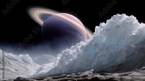 A celestial scene a ringed gas giant looms behind icy, textured formations