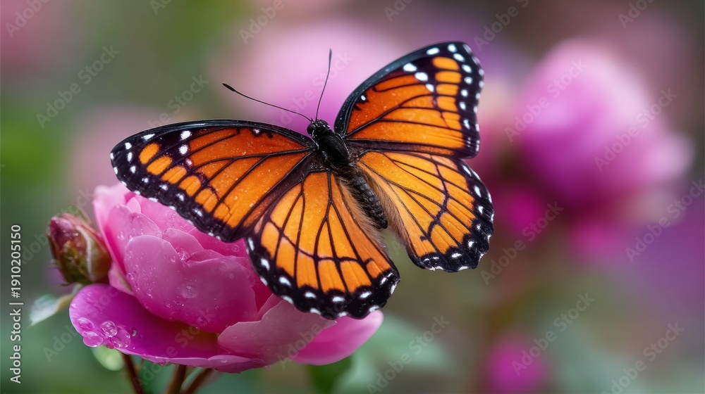 Fototapeta premium A stunning monarch butterfly with vibrant orange wings perches on a soft pink rose. The scene captures the harmony of nature in full bloom, showcasing the beauty of a peaceful afternoon
