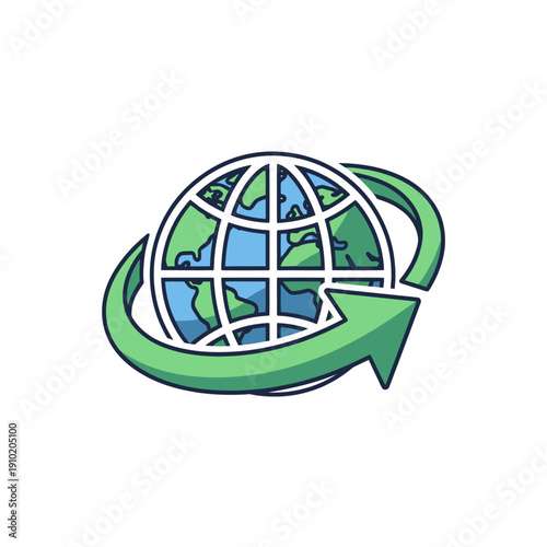 Green arrow circling globe showing global connection or refresh concept