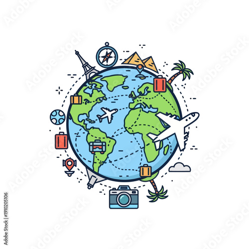 Global travel concept with Earth and tourist destination icons