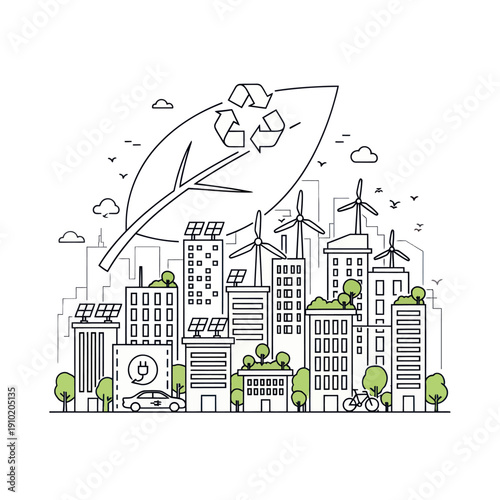 Green city skyline with sustainable buildings and renewable energy