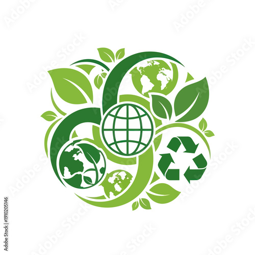 Green ecological globes, recycling symbol, and leaves in circular design