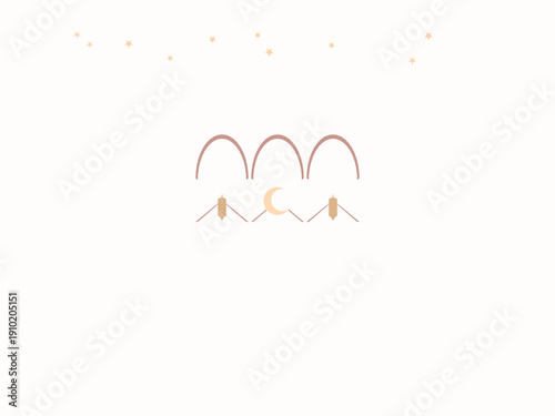 Eid and Ramadan themed Islamic crescent moon and star illustration with minimalist design, soft pastel colors, and elegant composition
