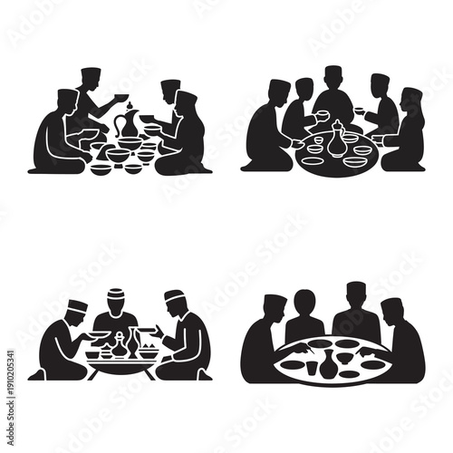 Silhouettes of men sitting on the floor and sharing a meal, representing traditional communal dining