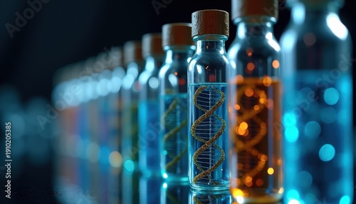 Row of science vials containing glowing golden DNA helix structures in blue and orange liquid under dramatic lighting