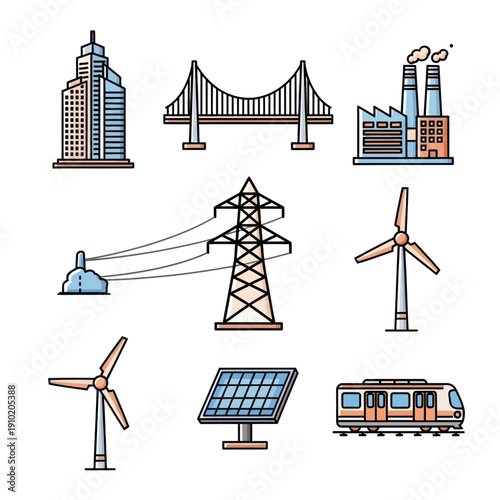 Icons of city buildings, energy, industry, and transportation