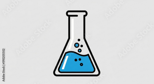 Laboratory erlenmeyer flask with blue liquid and bubbles on light gray background
