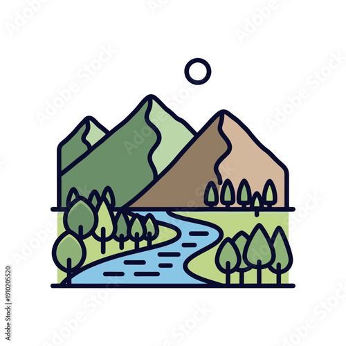 Minimalist nature landscape with mountains, river, trees and sun