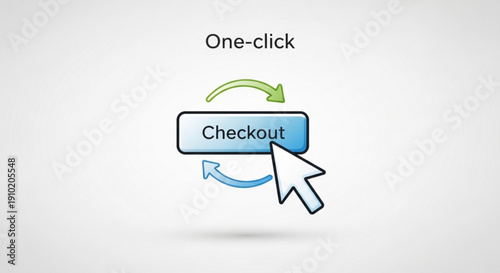 One click checkout button with rotating arrows and mouse cursor on a white background for easy online payment