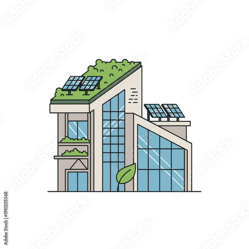 Modern eco friendly building with solar panels and green roof