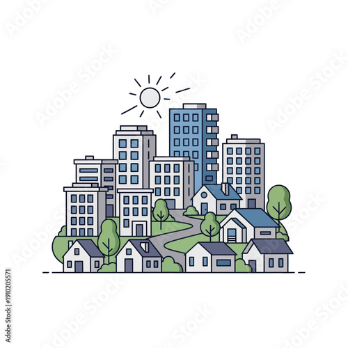 Modern city skyline illustration with houses and green trees