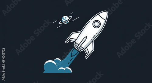 Rocket ship launching into space with planet and clouds in background futuristic travel concept