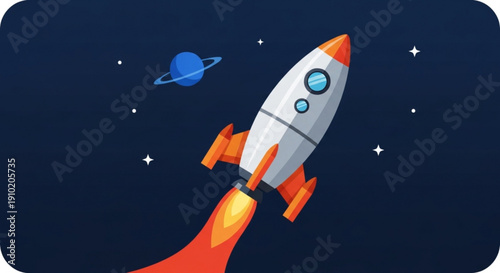 Vector illustration of a silver and orange rocket ship launching into space with stars and a planet in the background perfect for technology and adventure themes