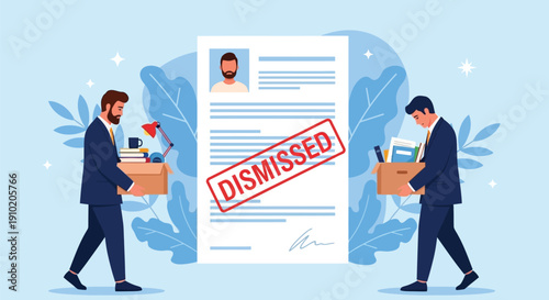 Illustration of two men in suits carrying boxes of personal belongings, with a large document labeled "DISMISSED" in red between them, conveying job termination.