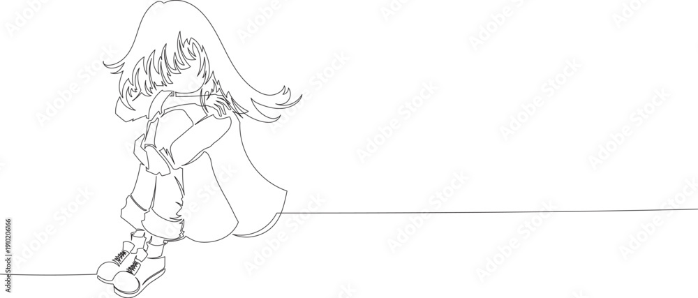 Fototapeta premium Continuous One Line Drawing of a Sad Woman Sitting and Hugging Her Knees eps10