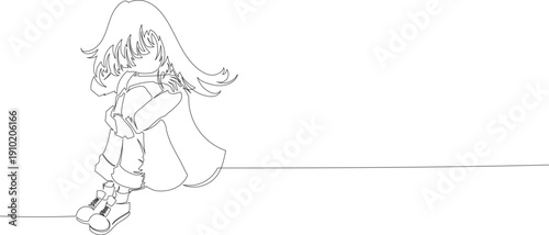 Continuous One Line Drawing of a Sad Woman Sitting and Hugging Her Knees eps10