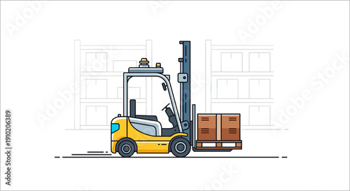 A modern yellow forklift truck carefully transports two stacked cardboard boxes on a wooden pallet within a warehouse setting, illustrating efficient logistics and material handling operations.
