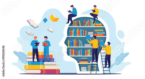 Illustration of people reading and organizing books, forming a human head silhouette. Books fly around, symbolizing knowledge and creativity.