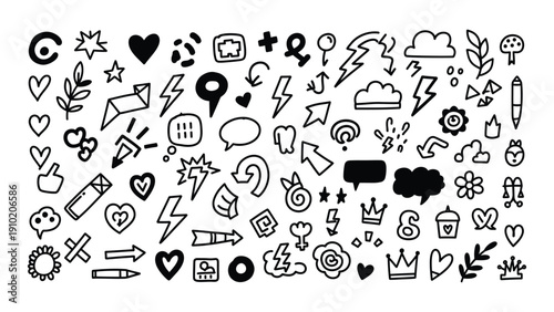 A diverse collection of black and white icons representing various objects and actions isolated on white background, Vector