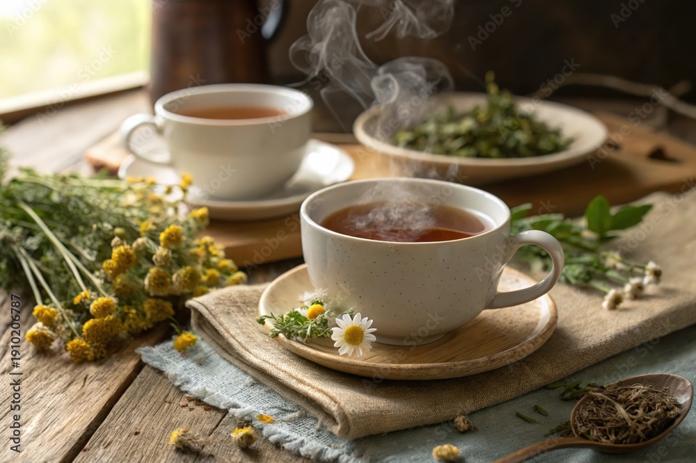 Fototapeta premium A wooden tray with a teapot, two cups of tea, and a spoon