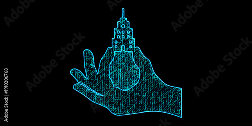 Smart City Development Concept with Building Silhouette in Human Hand Digital Mesh Wireframe Style for Urban Innovation