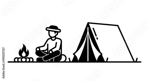 Minimalist Line Art Illustration of a Person Camping with a Tent and Campfire.