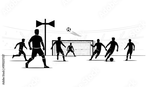 Soccer Match Action Silhouette in Stadium with Goal and Players
