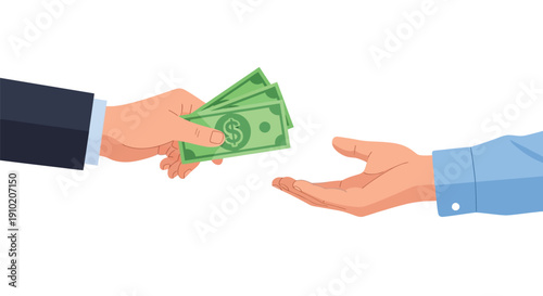 Two hands are exchanging money. The left hand, in a suit, holds three dollar bills, while the right hand, in a blue shirt, is open to receive them.