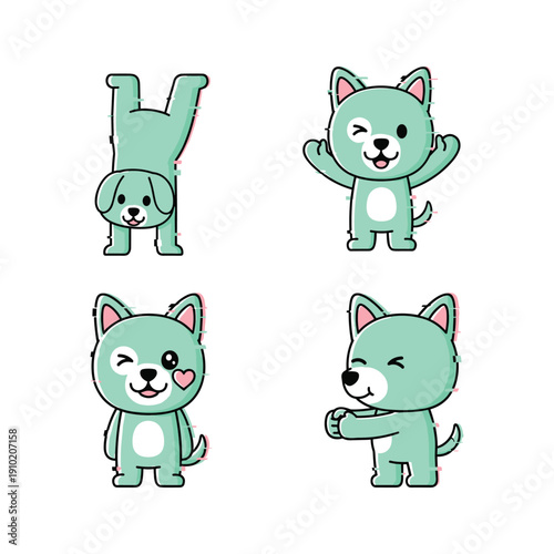 Cute cartoon cats and dog in various yoga poses on white background