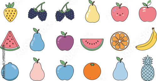A vibrant collection of cute cartoon fruits including strawberries blackberries pears apples oranges watermelon and bananas