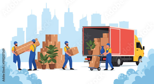 Illustration of movers carrying boxes and plants near a truck against a city skyline. Workers in blue uniforms, creating a busy, industrious scene.