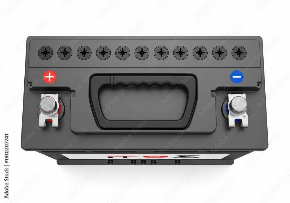 Obraz premium Top view displays a modern automotive power source with clearly marked positive and negative terminals against a white background.