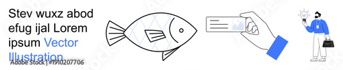 Digital communication, branding, abstract art, idea generation, business identity, creative marketing. Visual elements include a fish design, a hand with a business card, and a conceptual character