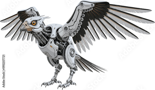 A highly detailed mechanical eagle robot with intricate metallic feathers and glowing orange eyes poised for flight