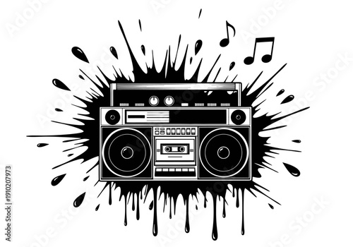 A retro boombox takes center stage in this high-contrast vector art, radiating an explosion of jagged black ink splatters, floating musical notes, and dripping paint that embodies loud urban energy